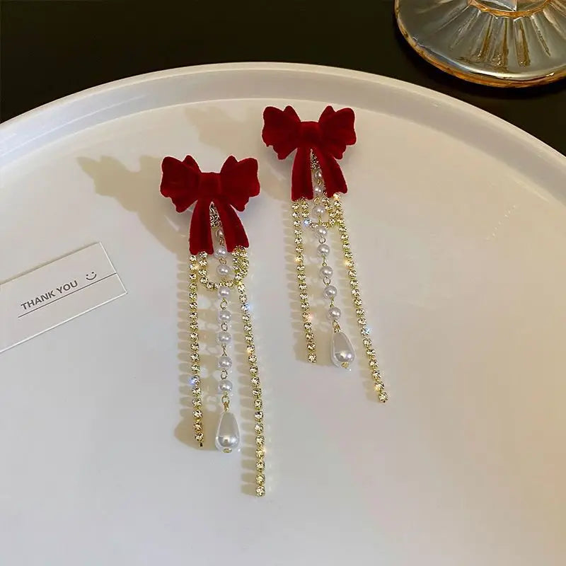 Bow Red Diamond Pearl Tassel Earrings fashionnsio