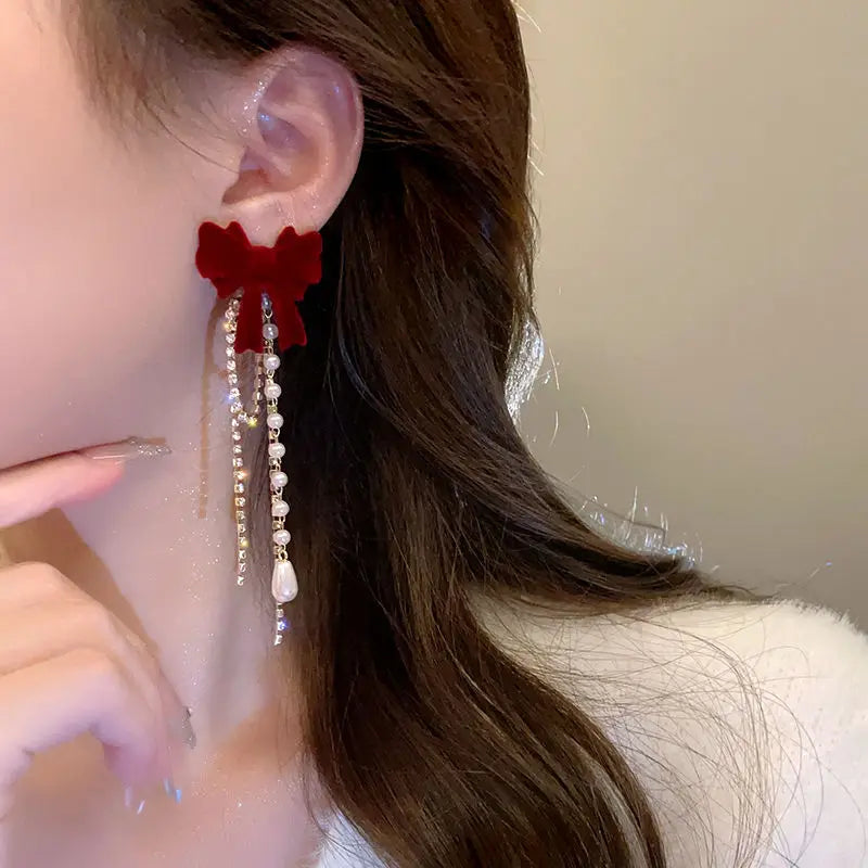 Bow Red Diamond Pearl Tassel Earrings fashionnsio