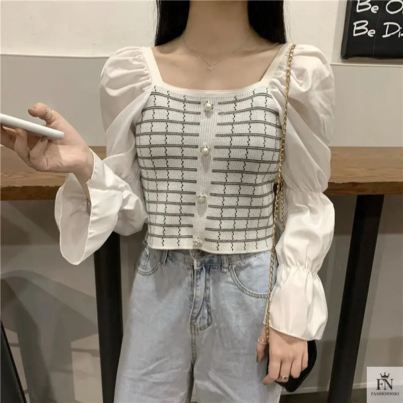 Pearl Button Puff Sleeve Top - Fashionnsio