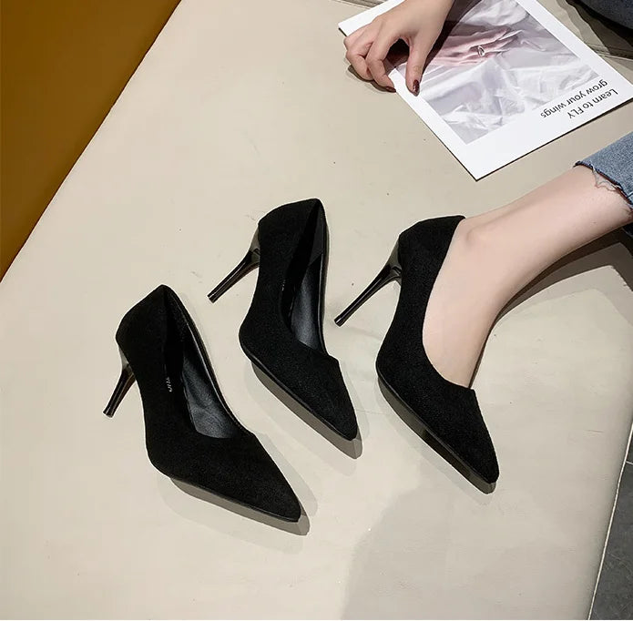 Black Suede Pointed Stiletto High Heels