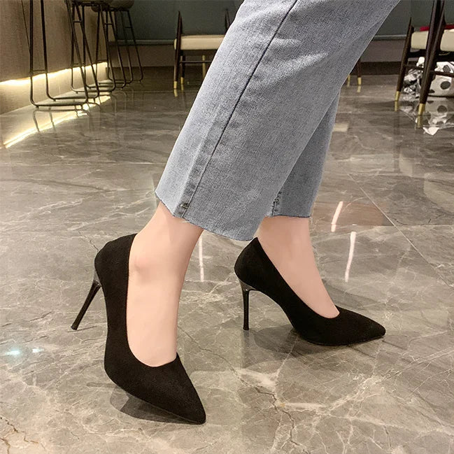 Black Suede Pointed Stiletto High Heels