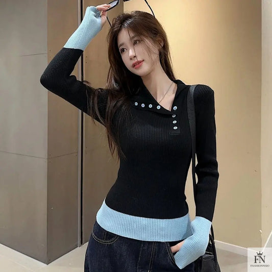 Color Contrasting Knitted Sweater Top - Fashionnsio