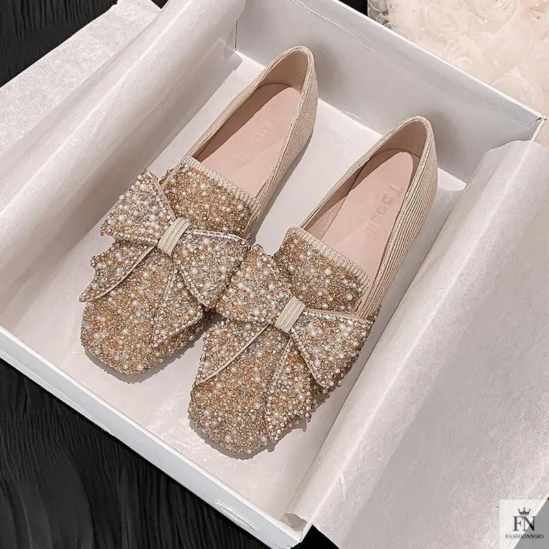 Rhinestone Embroidered Pearl Bow Flats - Fashionnsio