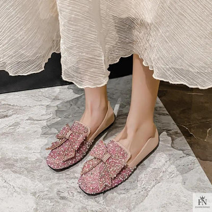 Rhinestone Embroidered Pearl Bow Flats - Fashionnsio