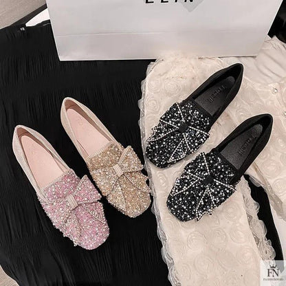 Rhinestone Embroidered Pearl Bow Flats - Fashionnsio