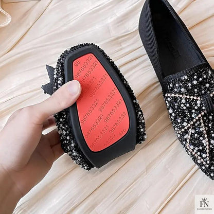 Rhinestone Embroidered Pearl Bow Flats - Fashionnsio