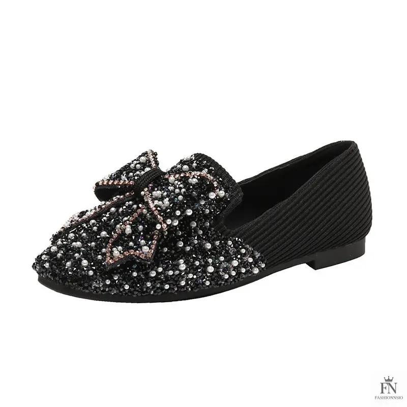 Rhinestone Embroidered Pearl Bow Flats - Fashionnsio