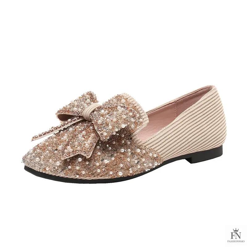Rhinestone Embroidered Pearl Bow Flats - Fashionnsio
