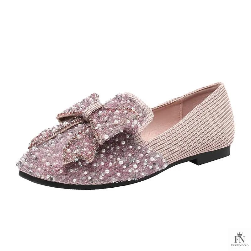 Rhinestone Embroidered Pearl Bow Flats - Fashionnsio