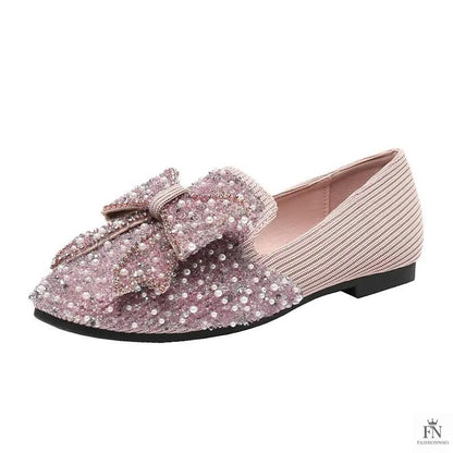 Rhinestone Embroidered Pearl Bow Flats - Fashionnsio