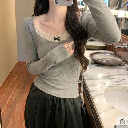 Ribbed Lace Long Sleeve Top - Fashionnsio