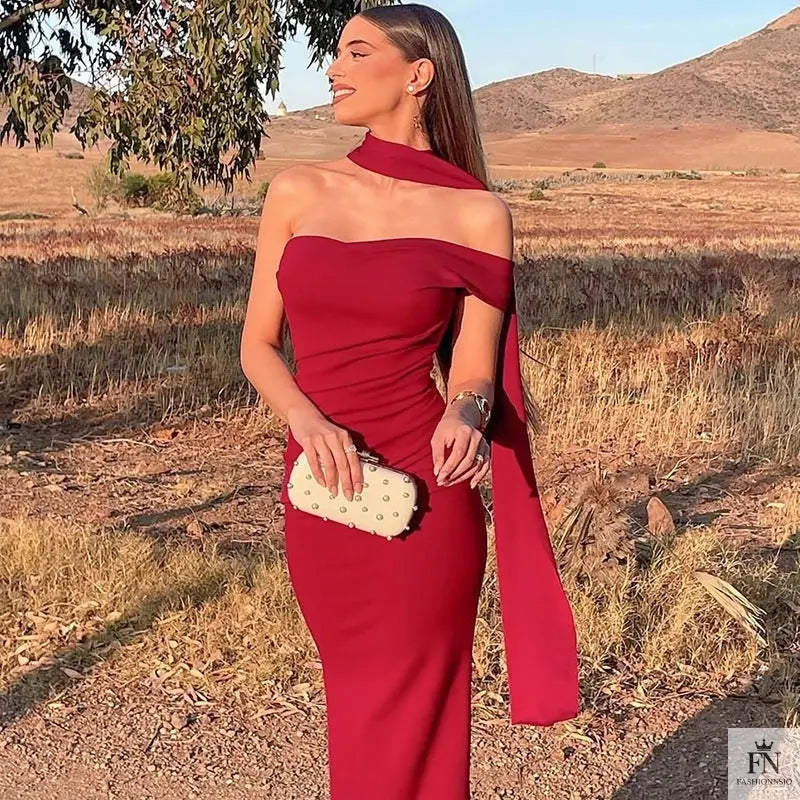 One Shoulder Long Dress With Scarf - Fashionnsio