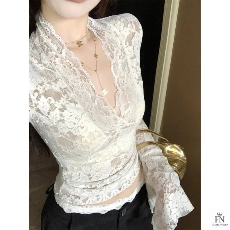 Flare Sleeve Lace Korean Top - Fashionnsio