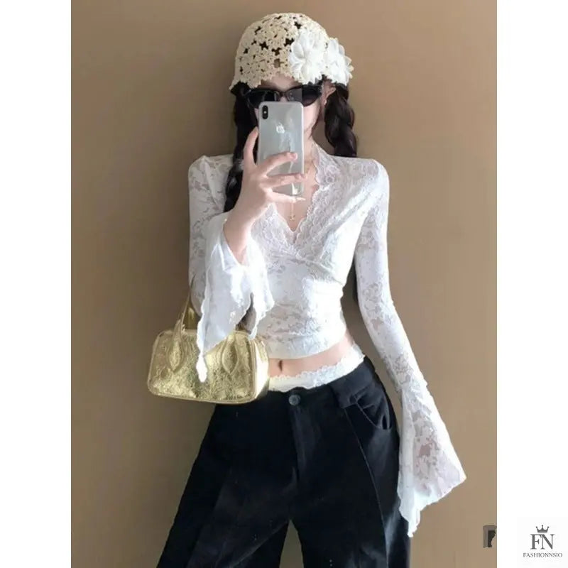 Flare Sleeve Lace Korean Top - Fashionnsio