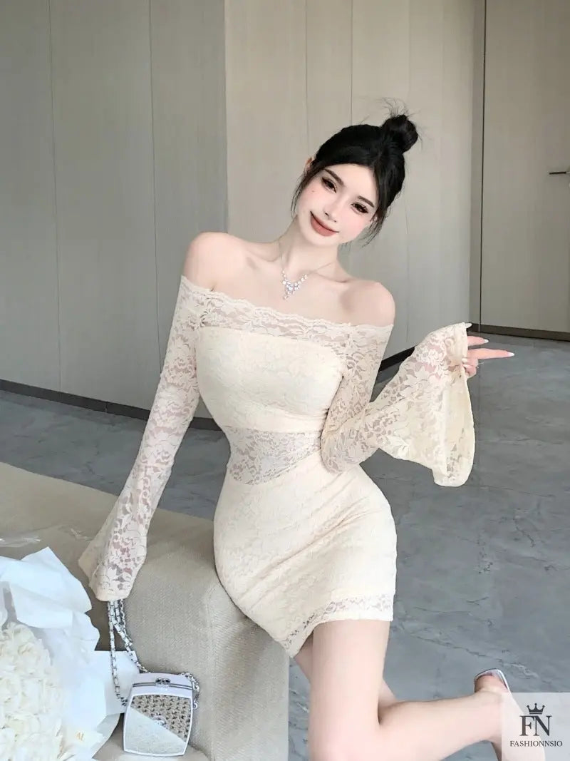 Off Shoulder Lace Mini Dress - Fashionnsio