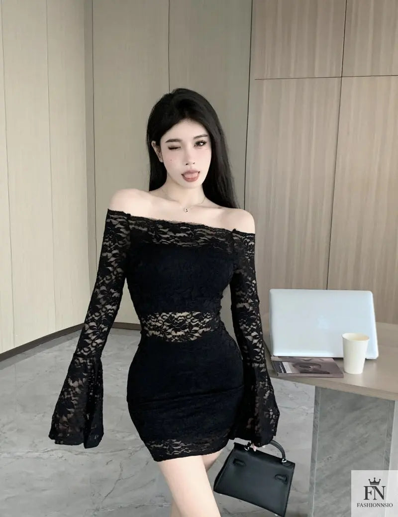 Off Shoulder Lace Mini Dress - Fashionnsio