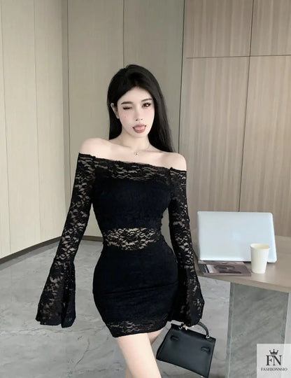 Off Shoulder Lace Mini Dress - Fashionnsio