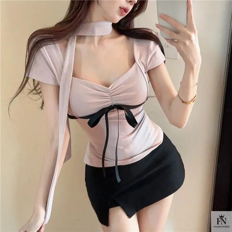 Y2K Bow Top With Scarf - Fashionnsio