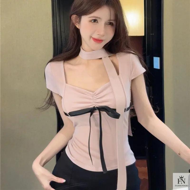 Y2K Bow Top With Scarf - Fashionnsio