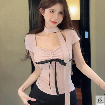 Y2K Bow Top With Scarf - Fashionnsio