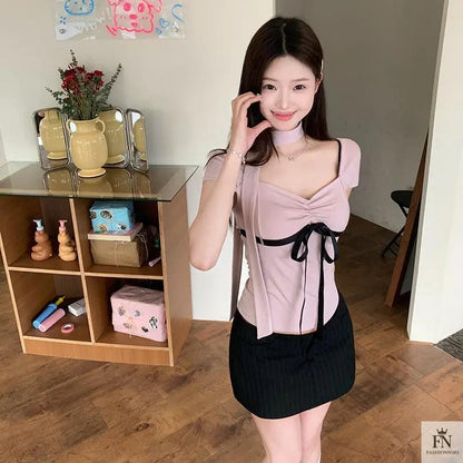 Y2K Bow Top With Scarf - Fashionnsio