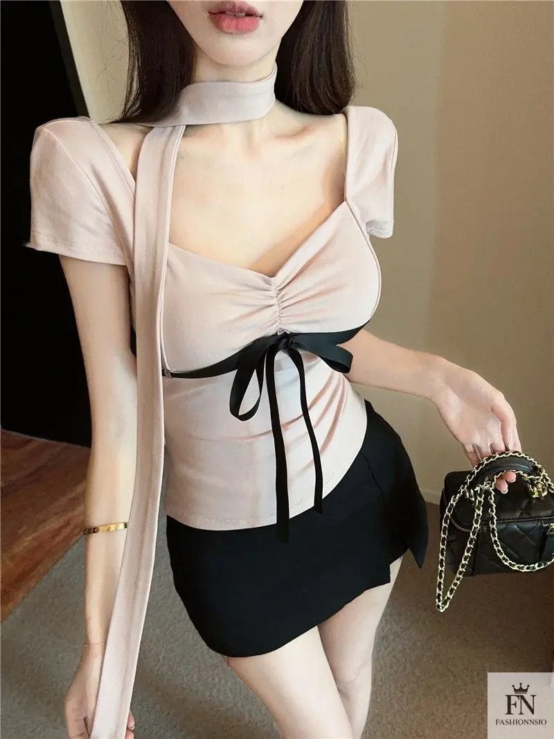 Y2K Bow Top With Scarf - Fashionnsio