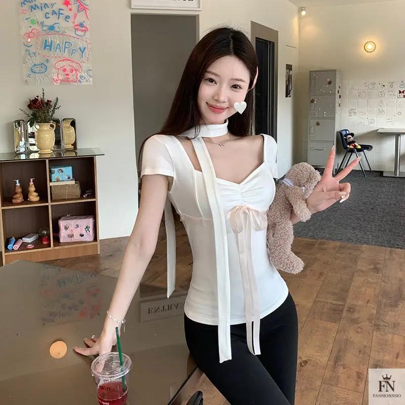 Y2K Bow Top With Scarf - Fashionnsio