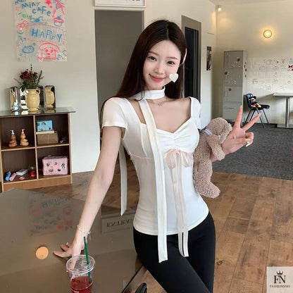 Y2K Bow Top With Scarf - Fashionnsio