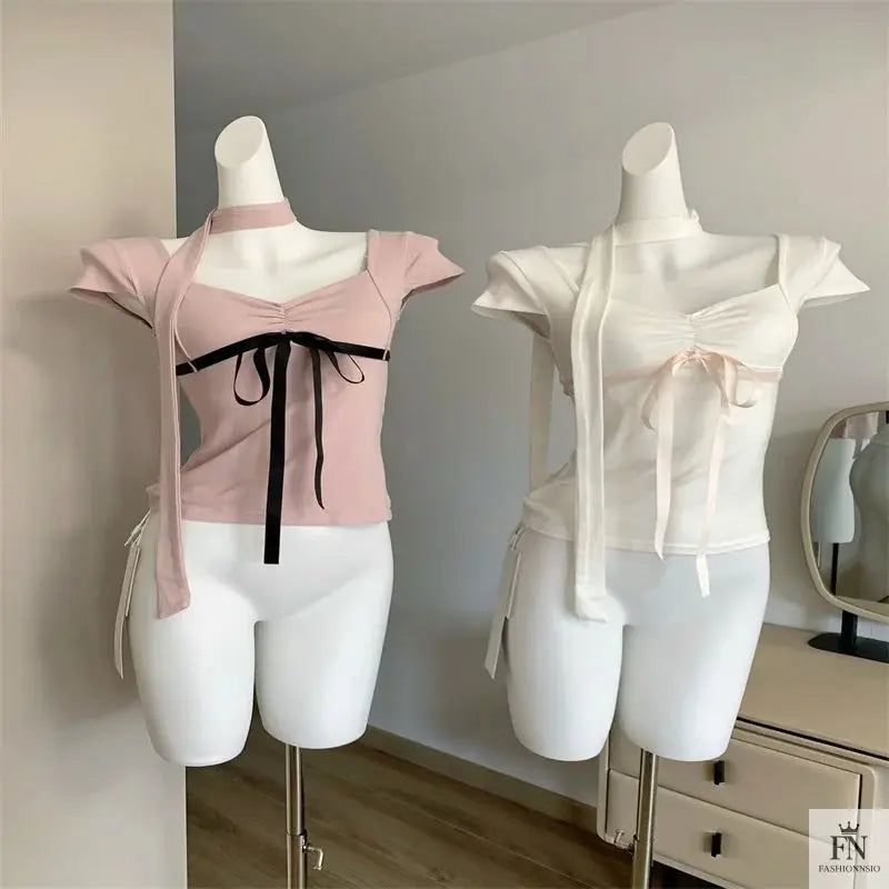 Y2K Bow Top With Scarf - Fashionnsio