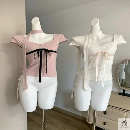 Y2K Bow Top With Scarf - Fashionnsio