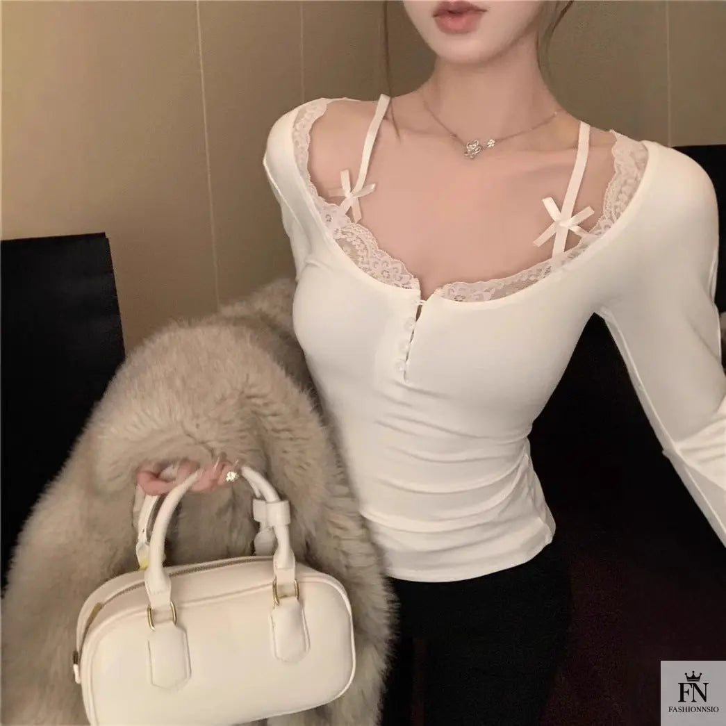 Y2K Button Lace Bow Top - Fashionnsio