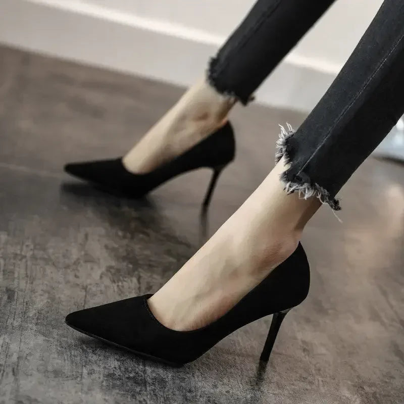 Black Suede Pointed Stiletto High Heels