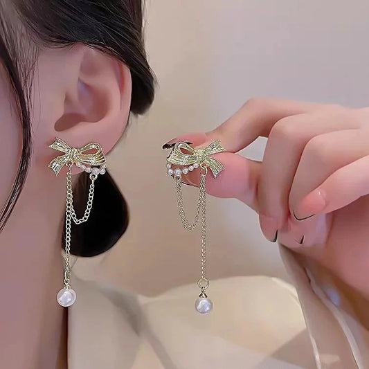 Bow Chain Pearl Tassel Earrings fashionnsio