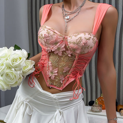 Flower Embroidered Lace Up Mesh Corset Top