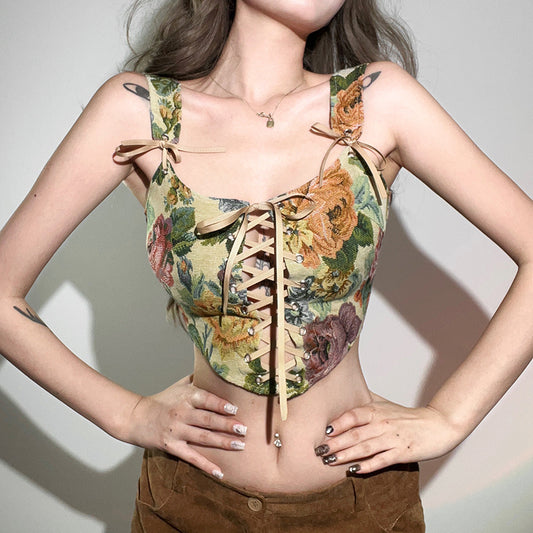 Vintage Floral Lace Up Corset Top