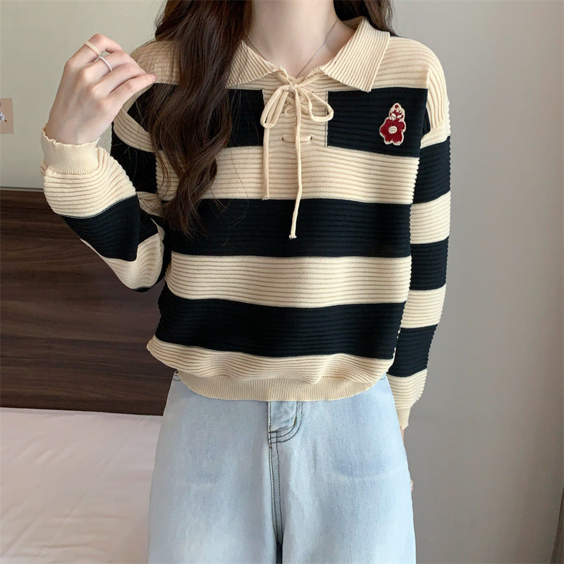 Striped Knitted Lace-up Sweater Top