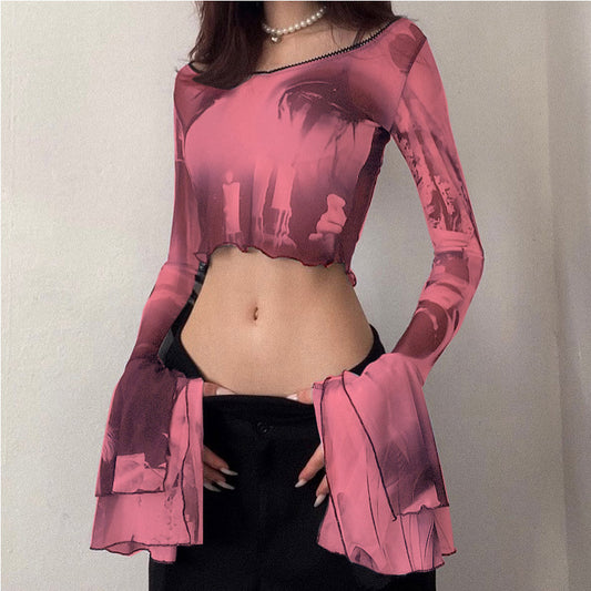 Long Flare Sleeve Crop Top