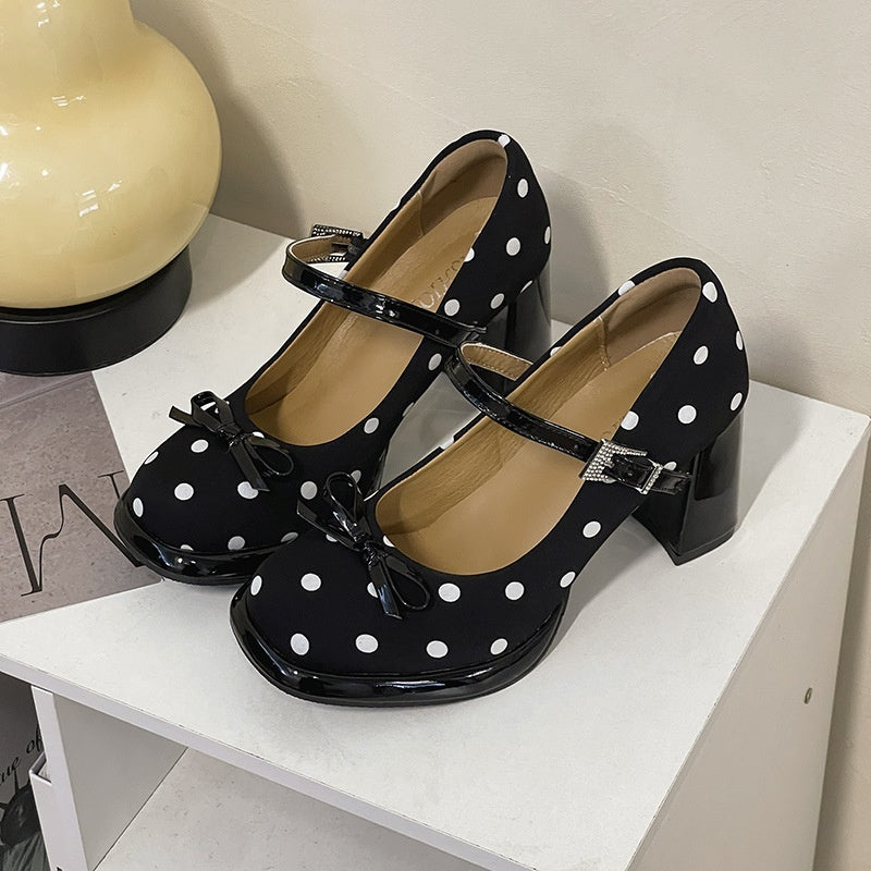 Polka Dot Bow Block Heels - Fashionnsio