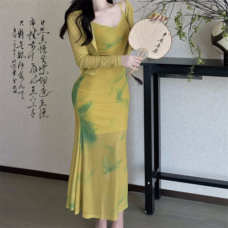 Long Bodycon Dress With Cardigan - Fashionnsio