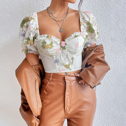 Floral Lace Puff Sleeve Corset Top