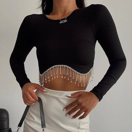 Rhinestone Tassel Knitted Crop Top