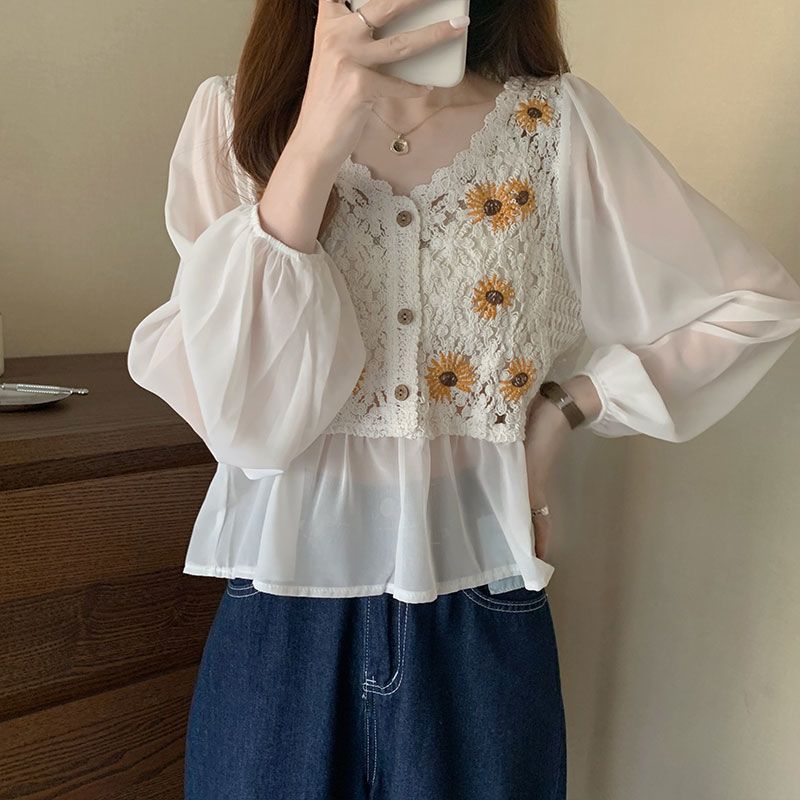 Flower Embroidery Puff Sleeve Blouse Top