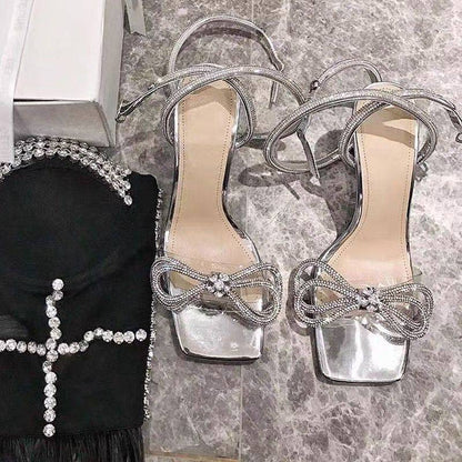 Silver Crystal Butterfly Knot Heel fashionnsio