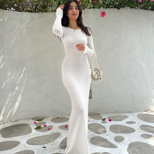 White Ribbed Bodycon Long Dress