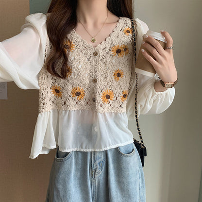 Flower Embroidery Puff Sleeve Blouse Top