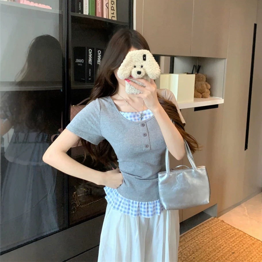 K-Style Layered Plaid Top - Fashionnsio