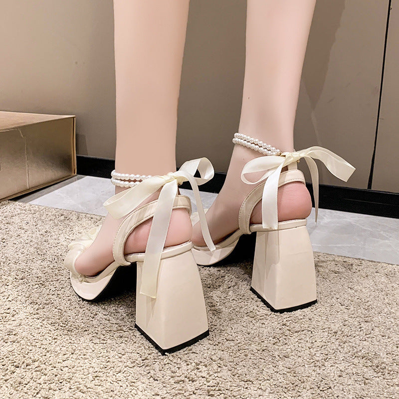 Bow Ribbon Pearl Chunky Heels