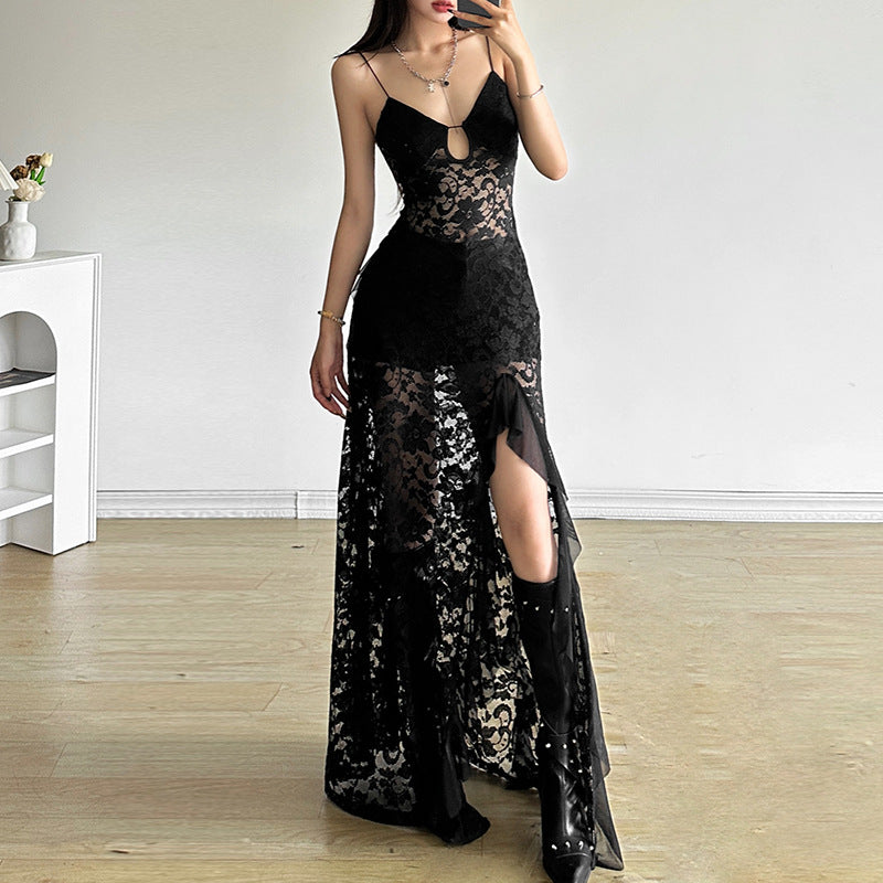 Lace Slit Long Black Dress - Fashionnsio