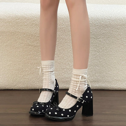 Polka Dot Bow Block Heels - Fashionnsio