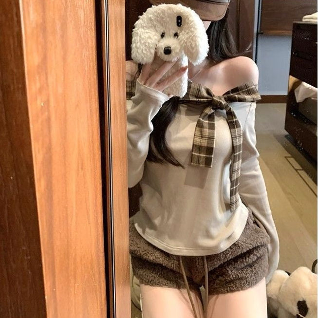 Off Shoulder Plaid Bow Top